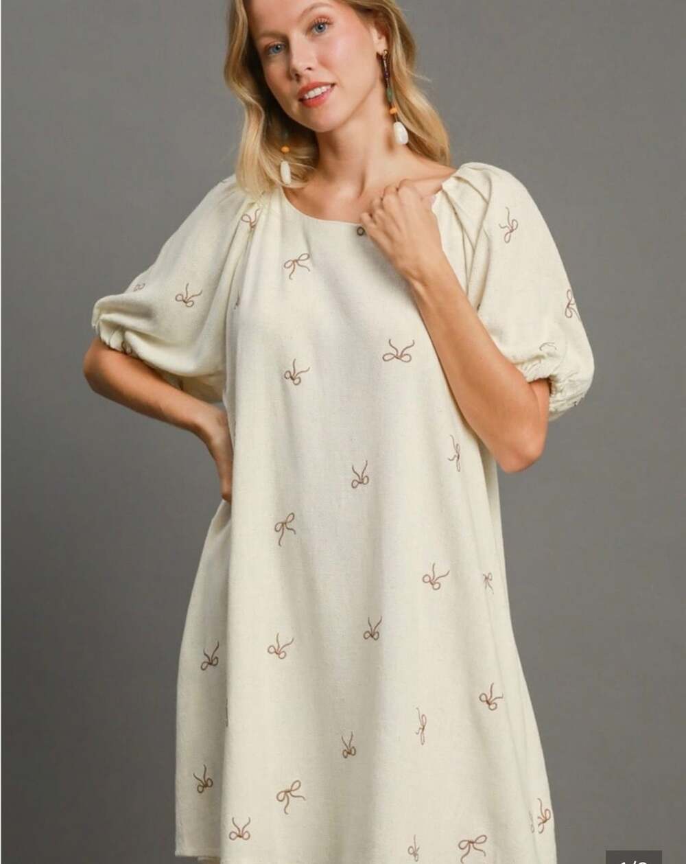 Umgee Bow Print Dress Size L Cream Linen Blend Embroidered